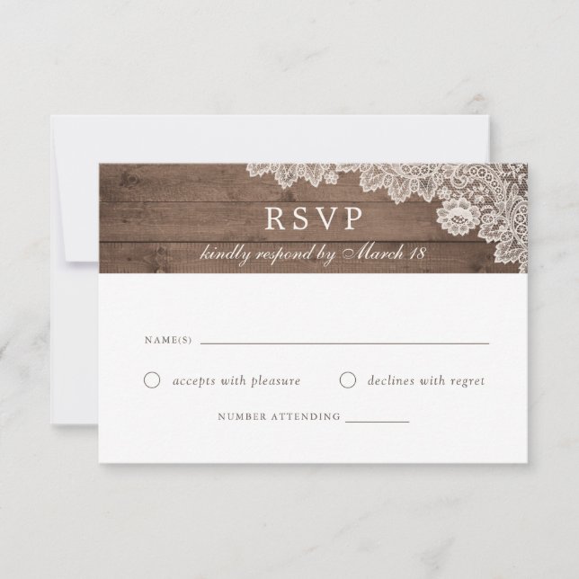 Rustic Wood Lace Wedding RSVP Response Card (Front)