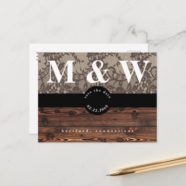 Rustic Wood & Lace Wedding Save the Date Announcement Postcard (Front/Back In Situ)