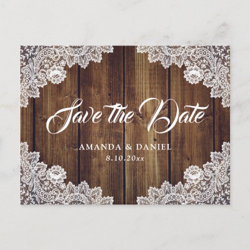 Rustic Wood Lace Wedding Save The Date Announcement Postcard