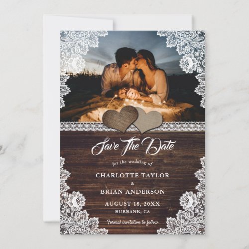 Rustic Wood Lace Wedding Save The Date Photo Cards