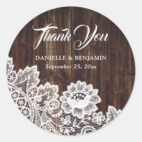 Rustic Wood Lace Wedding Thank You Classic Round Sticker