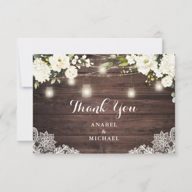 Rustic Wood Lace White Flower String Light Wedding Thank You Card (Front)