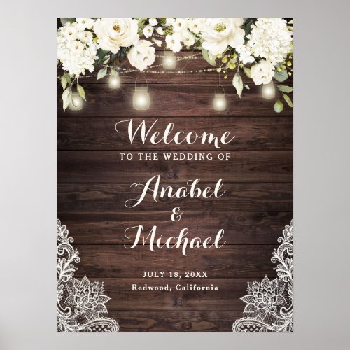 Rustic Wood Lace White Flower Wedding Welcome Sign
