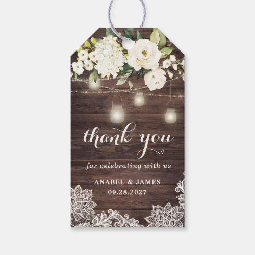 Rustic Wood Lace White Flowers Mason Jar String Gift Tags