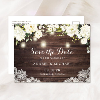 Rustic Wood Lace White Flowers Save The Date Announcement Postcard by CheriDesigns at Zazzle