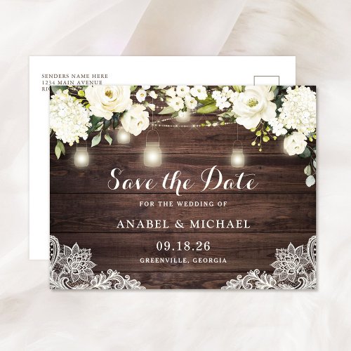 Rustic Wood Lace White Flowers Save the Date Announcement Postcard