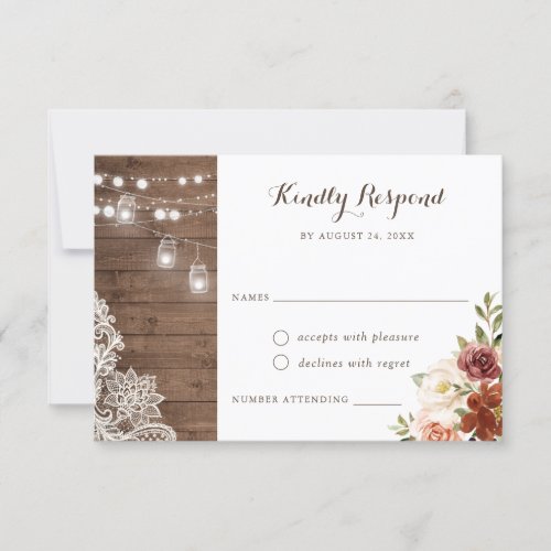 Rustic Wood Lace White Flowers String Lights RSVP Invitation
