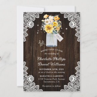 Rustic Wood Lace Yellow Floral Wedding Invitation
