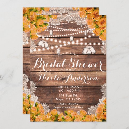 Rustic Wood Lace Yellow Rose Elegant Bridal Shower Invitation