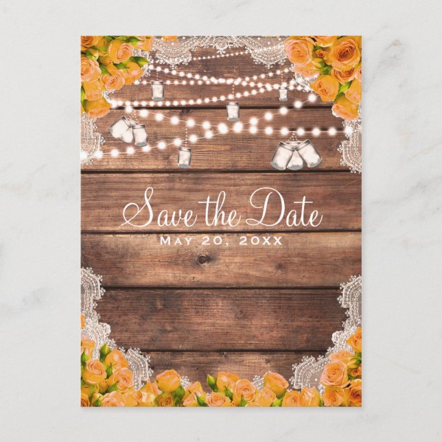 Rustic Wood Lace Yellow Rose Elegant Save the Date Announcement Postcard (Front)