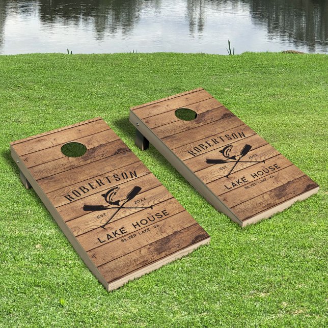 Rustic Wood Lake House Family Name  Cornhole Set (Creator Uploaded)