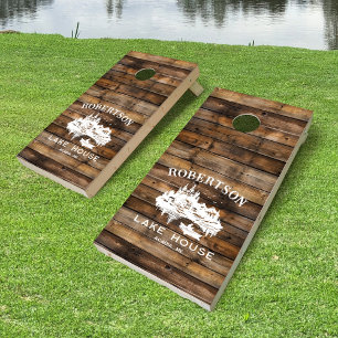 Rustic Wood Lake House Family Name Cornhole Set