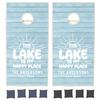 Rustic Wood Lake House Family Name Cornhole Set