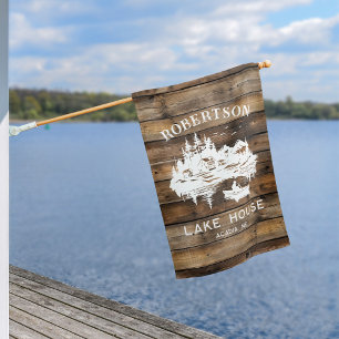 Rustic Wood Lake House Family Name Flag