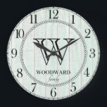 Rustic Wood Lake House Family Name  Large Clock<br><div class="desc">A rustic modern light aqua blue monogrammed family name lake house or cottage wall clock. wall clock with a light wood surface pattern and family name with initial. Add your family name and surname initial.</div>