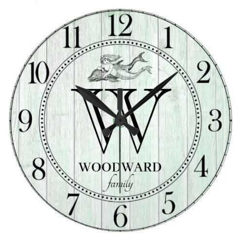 Rustic Wood Lake House Family Name Mermaid Large Clock