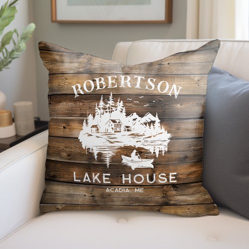 Rustic Wood Lake House Family Name  Throw Pillow