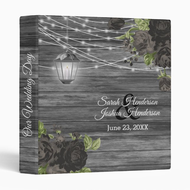 Rustic Wood, Lantern & Black Flowers 3 Ring Binder (Front/Spine)