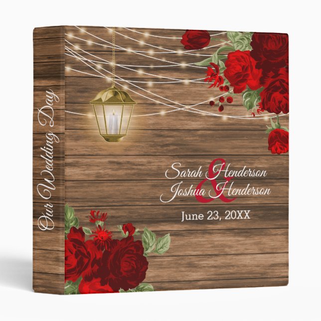 Rustic Wood, Lantern & Dark Red Flowers 3 Ring Binder (Front/Spine)