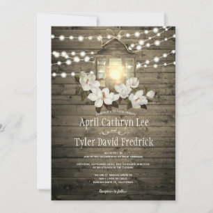 Rustic Wood Lantern Lights Magnolia Wedding Invitation