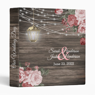 Rustic Wood, Lantern & Vintage Mauve Flowers 3 Ring Binder