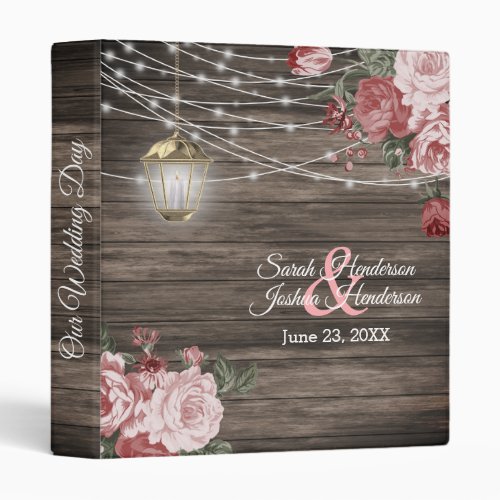 Rustic Wood Lantern  Vintage Mauve Flowers 3 Ring Binder