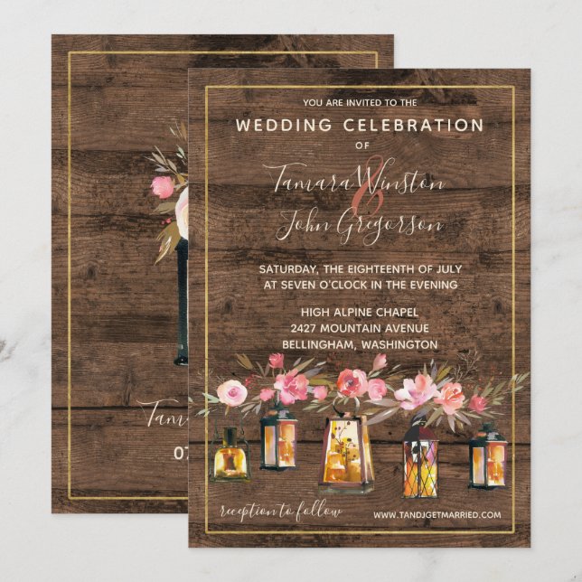Rustic Wood Lanterns Country Coral Floral Wedding Invitation (Front/Back)