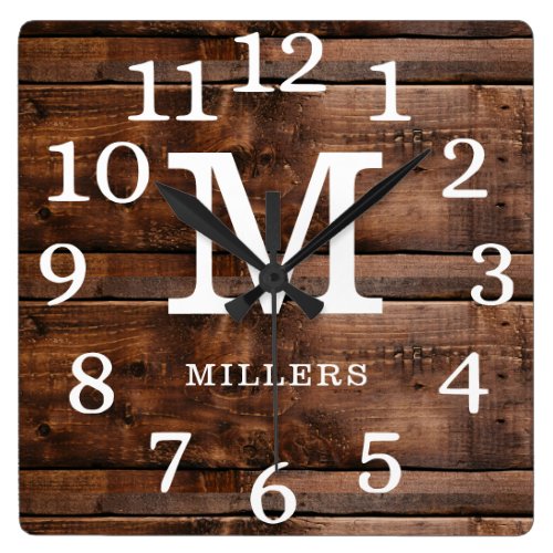 Rustic Wood Large Numbers Family Name Monogram Square Wall Clock