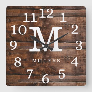 Rustic Wood Large Numbers Family Name Monogram Square Wall Clock by InitialsMonogram at Zazzle