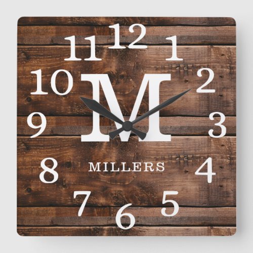 Rustic Wood Large Numbers Family Name Monogram Square Wall Clock