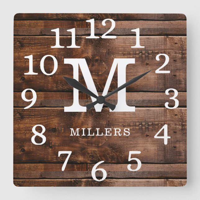 Rustic Wood Large Numbers Family Name Monogram Square Wall Clock (Front)
