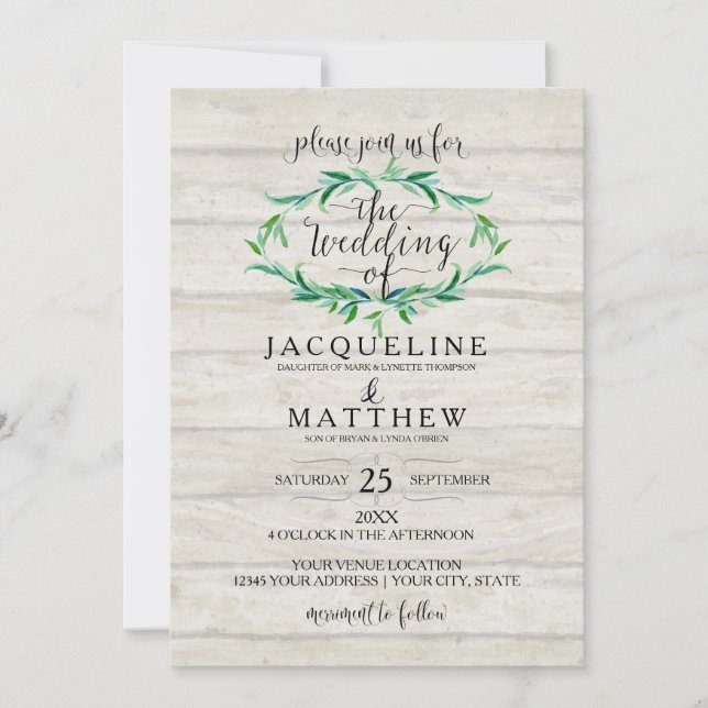Rustic Wood Laurel Wreath Modern Typography Script Invitation (Front)