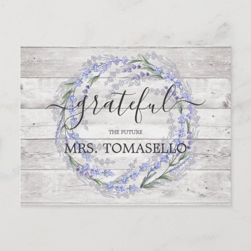 Rustic Wood Lavender Bridal Shower Thank You Postcard