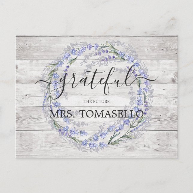 Rustic Wood Lavender Bridal Shower Thank You Postcard (Front)