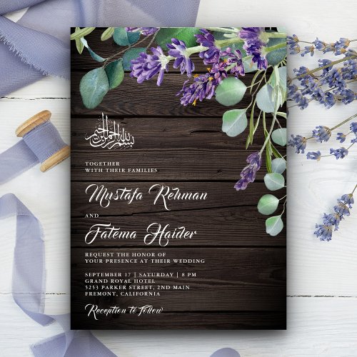 Rustic Wood Lavender Eucalyptus Islamic Wedding Invitation