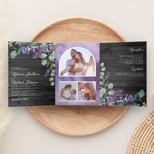 Rustic Wood Lavender Eucalyptus Photo Arch Wedding Tri_Fold Invitation