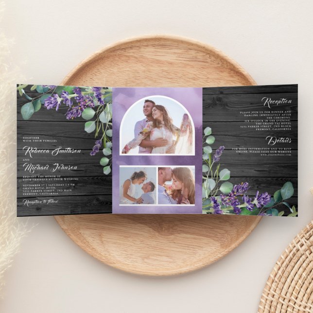 Rustic Wood Lavender Eucalyptus Photo Arch Wedding Tri-Fold Invitation (Creator Uploaded)
