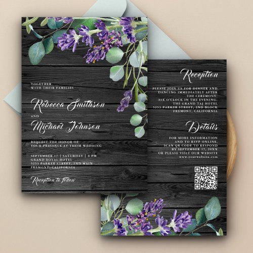 Rustic Wood Lavender Eucalyptus QR Code Wedding Invitation