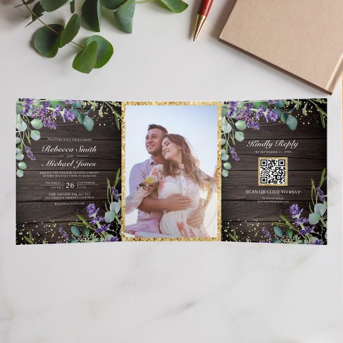 Rustic Wood Lavender Eucalyptus QR Code Wedding Tri_Fold Invitation