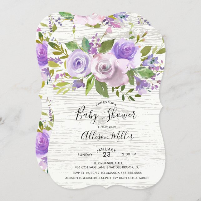 Rustic Wood Lavender Floral Baby Shower Invitation (Front/Back)