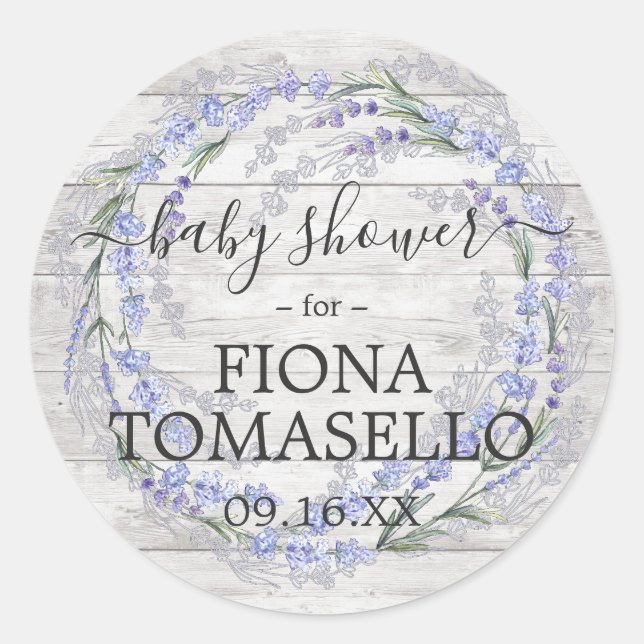 Rustic Wood Lavender Floral Wreath Baby Shower Classic Round Sticker (Front)