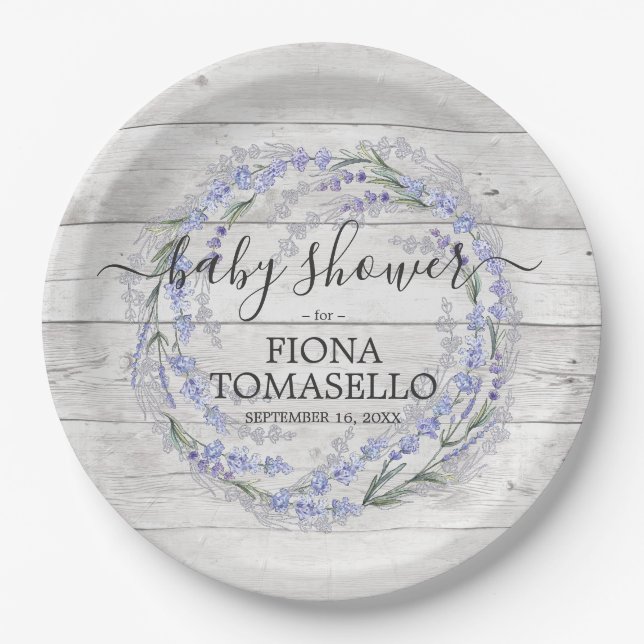 Rustic Wood Lavender Floral Wreath Baby Shower Paper Plates (Front)