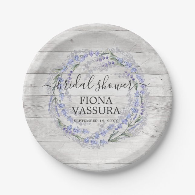 Rustic Wood Lavender Floral Wreath Baby Shower Paper Plates (Front)