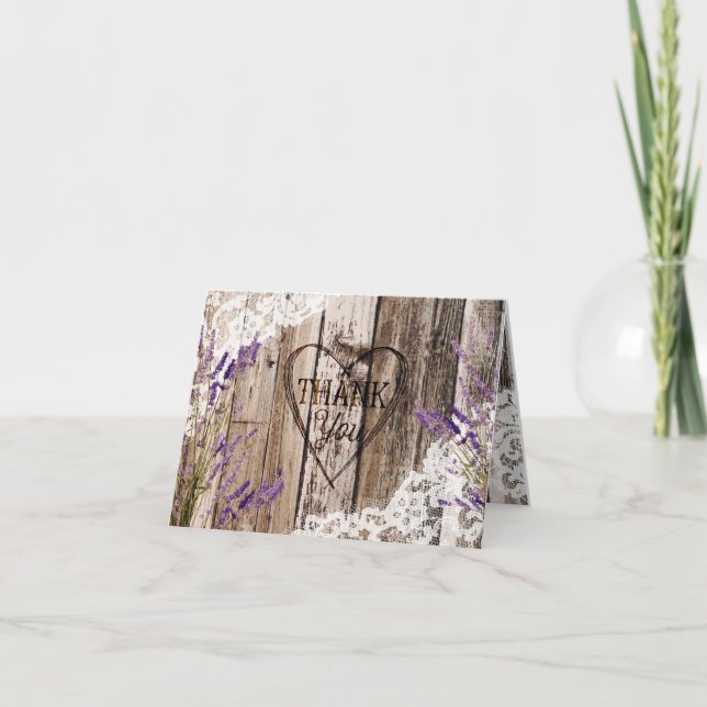 Rustic Wood Lavender Lace Thank You Card (Front)