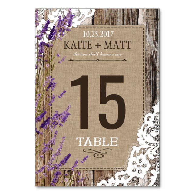 Rustic Wood Lavender Lace Wedding Table Card (Front)
