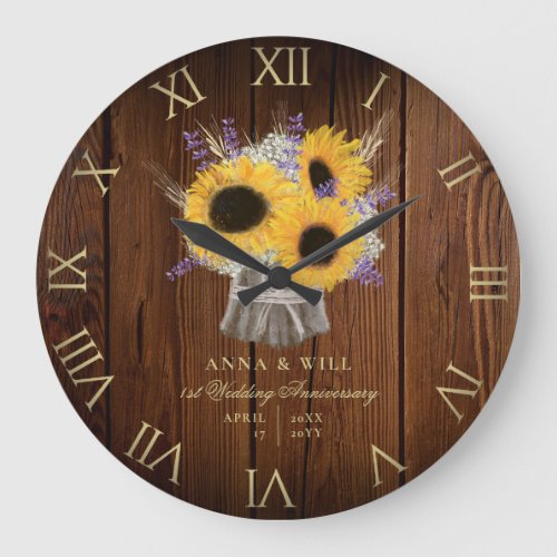Rustic Wood Lavender Sunflower Wedding Anniversary Large Clock