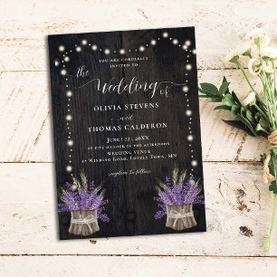 Rustic Wood Lavender Wheat String Lights Wedding Invitation