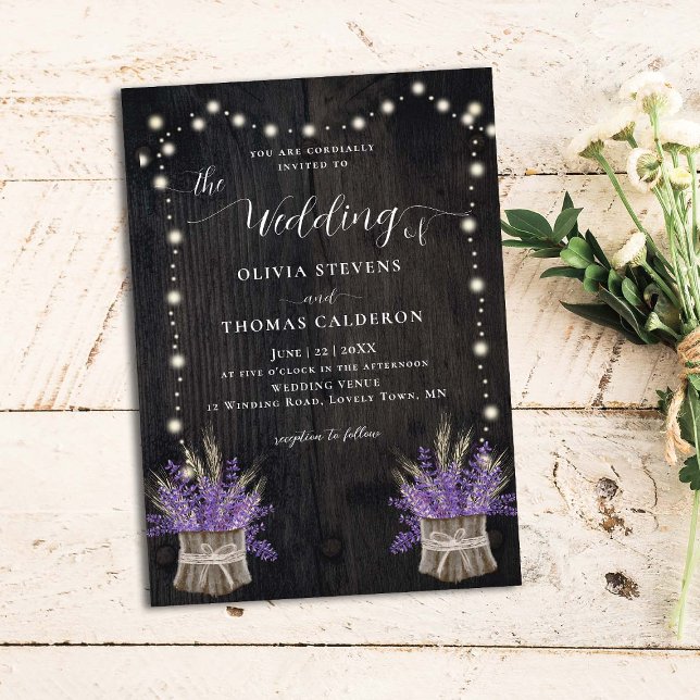 Rustic Wood Lavender Wheat String Lights Wedding Invitation (Creator Uploaded)