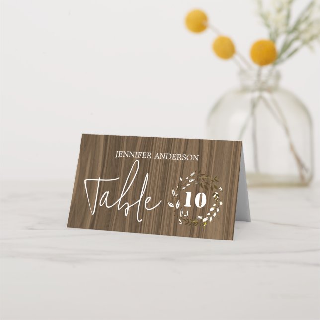 Rustic Wood Leaf Wreath Wedding Table Cards (Front)
