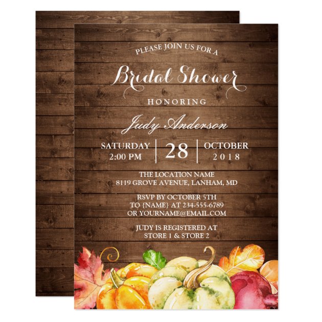 Rustic Wood Leaves Pumpkin Fall Bridal Shower Invitation